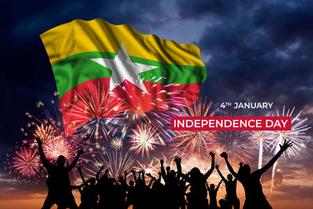 Holiday sky with fireworks and flag of Myanmar on Independence dayの写真素材