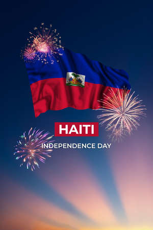 Holiday sky with fireworks and flag of Haiti on Independence dayの写真素材