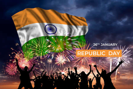 Holiday sky with fireworks and flag of India on Independence dayの写真素材