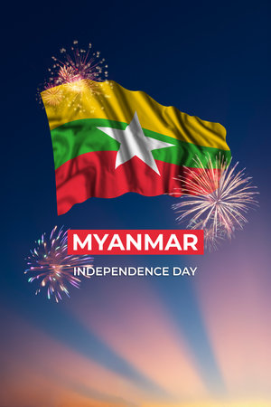Holiday sky with fireworks and flag of Myanmar on Independence dayの写真素材