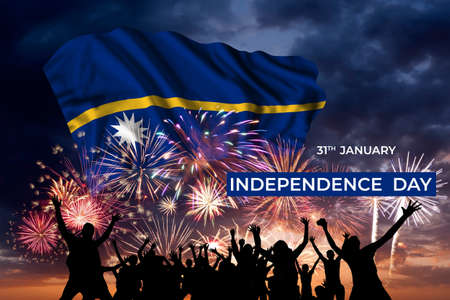 Holiday sky with fireworks and flag of Nauru on Independence dayの写真素材