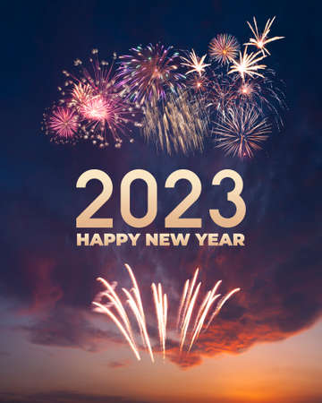 Happy holiday fireworks in night sky for 2023 New Year card