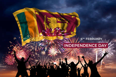 Evening sky with majestic fireworks and flag of Sri Lanka on National holiday