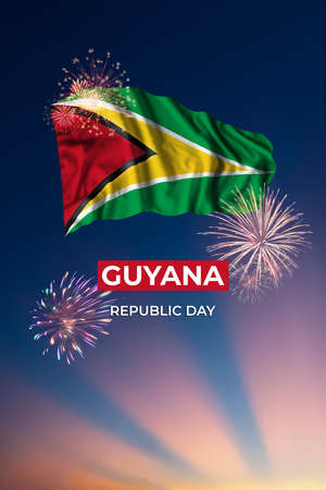 Evening sky with majestic fireworks and flag of Guyana on National holidayの写真素材