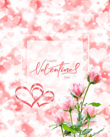 Happy Valentines day banner with rose flowers and congratulation textの写真素材