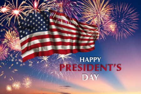 Presidents day greetings card with USA flag in sky and typography font, national holiday.の写真素材