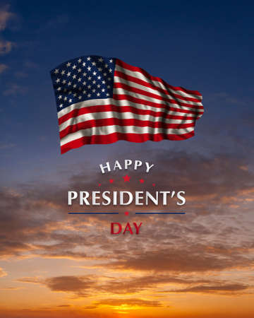 Presidents day greetings card with USA flag in sky and typography font, national holiday.の写真素材