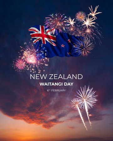 Evening sky with majestic fireworks and flag of New Zealand on National holidayの写真素材