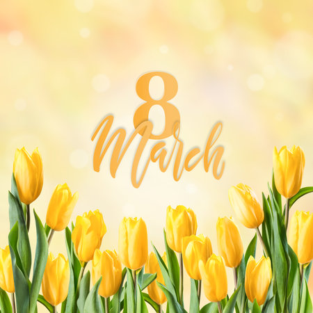 Holiday 8 march womens day card with tulip flowers and congratulation textの写真素材