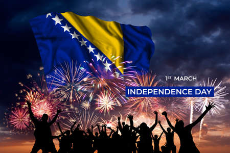 Evening sky with majestic fireworks and flag of Bosnia and Herzegovina on National holidayの写真素材