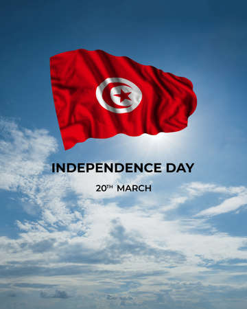 Tunisia independence day card with flag in sunny blue sky. national holidayの写真素材