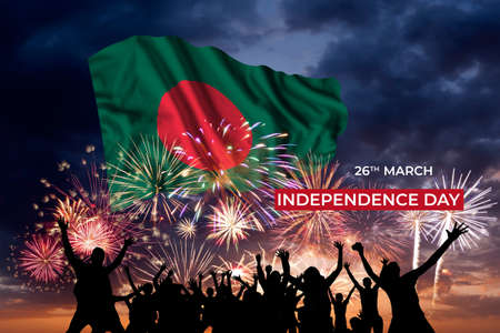 Evening sky with majestic fireworks and flag of Bangladesh on National holidayの写真素材