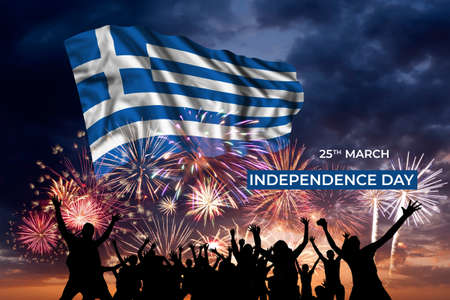 Evening sky with majestic fireworks and flag of Greece on National holidayの写真素材