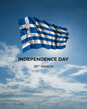 Greece independence day card with flag in sunny blue sky. national holidayの写真素材