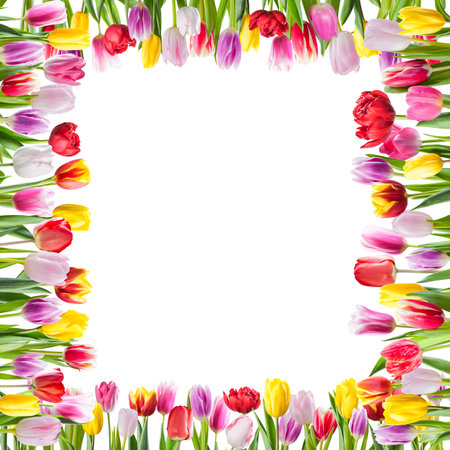 Frame from tulip flowers isolated on white background for your greeting card designの写真素材