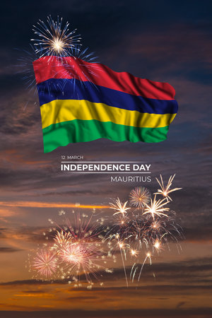 Celebration fireworks and flag of Mauritius for National holiday in skyの写真素材
