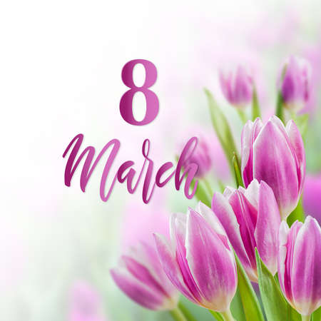 Spring holiday background with 8 march text and tulip flowersの写真素材