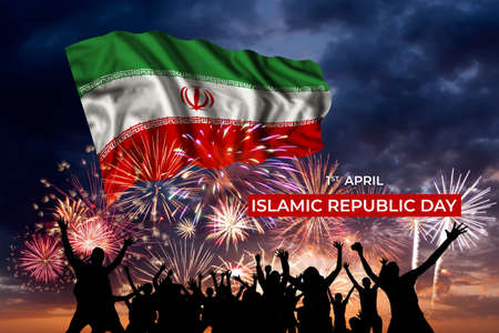 Evening sky with majestic fireworks and flag of Iran on National holidayの写真素材