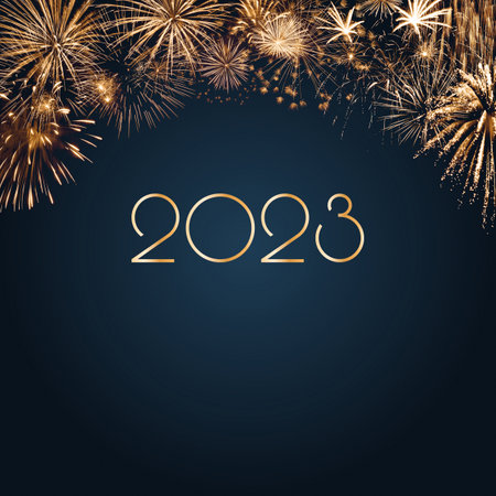 Holiday New Year 2023 greetings card with fireworks and textの写真素材