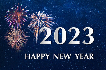 Greeting card New Year 2023 with fireworks. holiday bannerの写真素材