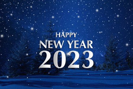 Night winter landscape with trees and stars on holiday greeting card 2023 New Yearの写真素材