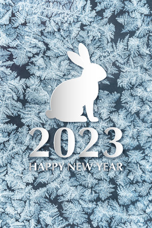 Greeting card with 2023 New Year text on ice background. holiday paper cut bannerの写真素材