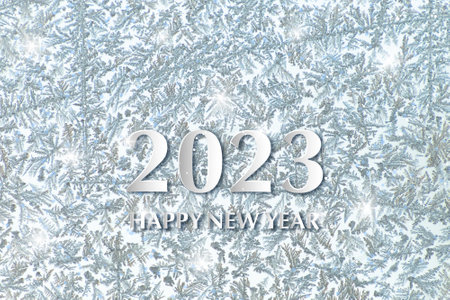 Greeting card with 2023 New Year text on ice background. holiday paper cut bannerの写真素材