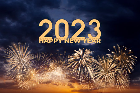 Greeting card New Year 2023 with fireworks. holiday bannerの写真素材