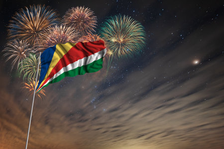 Waving National flag of Seychelles and holiday fireworks on night sky background with stars for independence dayの写真素材