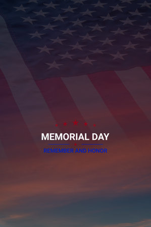 Memorial day card with flag of United States of America in sky and text Remember and Honorの写真素材