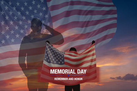 Memorial day card with flag of United States of America and military man text Remember and Honorの写真素材