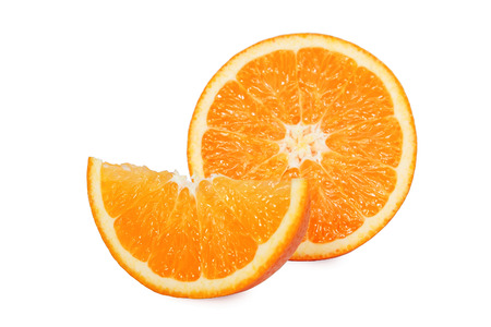 Sliced orange fruit isolated on white backgroundの写真素材
