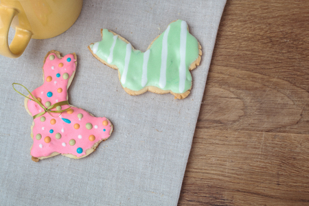 Easter bunny shaped gingerbread cookiesの写真素材