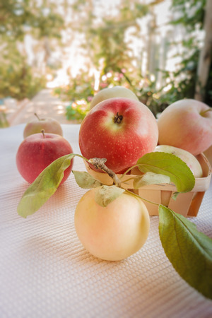 Ripe red juicy apples in wooden crate on table closeupの写真素材
