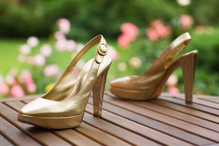 Pair of woman high heel shoes on the board outdoorsの写真素材