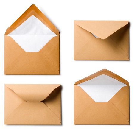 Four brown envelopes, collection on white background