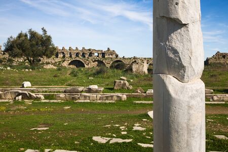 Marble column and ruins of agora in Side, Antalya, Turkey, Middle East