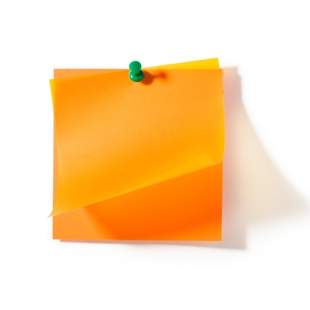 Orange transparent note papers with push pin on white background clipping path includedの写真素材