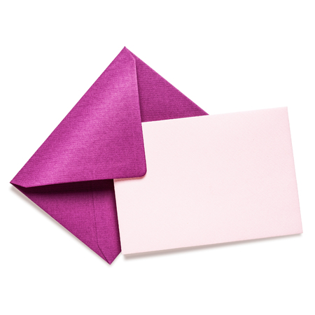 Pink envelope with card on white background