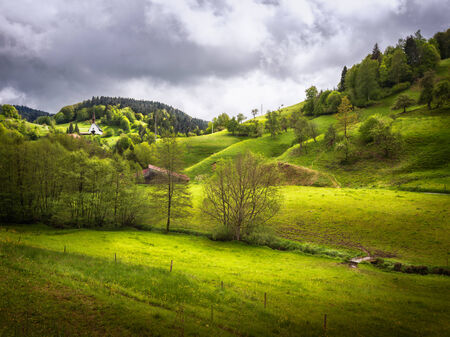 Beautiful green hill landscape with white church. Black Forest Schwarzwald, Germany.の写真素材