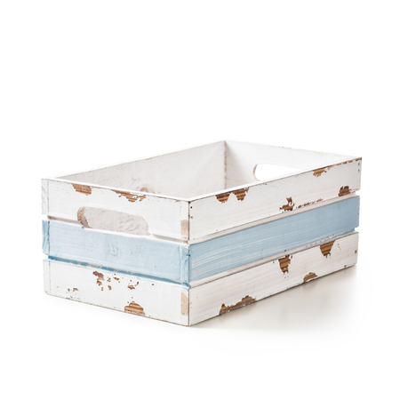 Empty old wooden crate painted in white and blue colors isolated on white background. Design element. Single object with clipping pathの写真素材