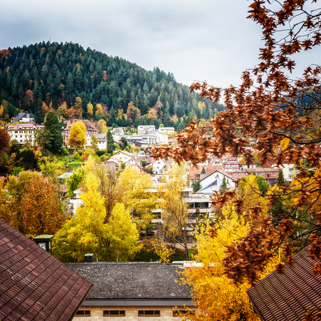 View on small town bath Liebenzell in autumn. Beautiful Black Forest Schwarzwald landscape in Germany. Travel destinationの写真素材