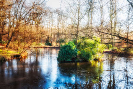 Frozen pond in the park. Landscape with partially frozen lakeの写真素材