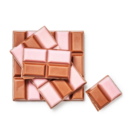 Strawberry chocolate bar and pieces. Delicious dessert. Objects isolated on white background,...