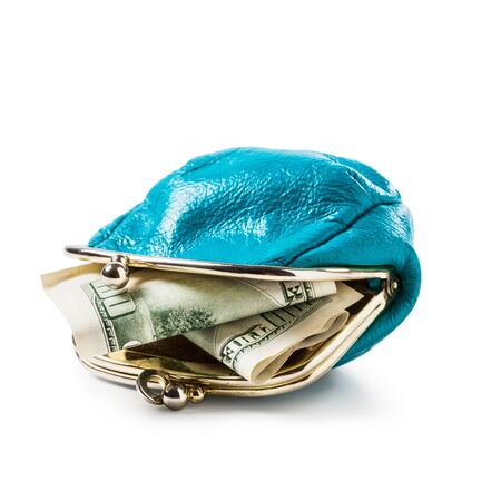Blue coin purse with money isolated on white background. Hundred dollar banknotes in female wallet....