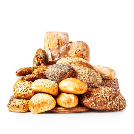 Different fresh bread rolls and buns pile isolated on white background clipping path included
の写真素材