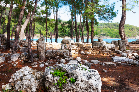 Spring landscape with beach, pines and ruins of ancient town Phaselis, Turkey, travel destinationの写真素材