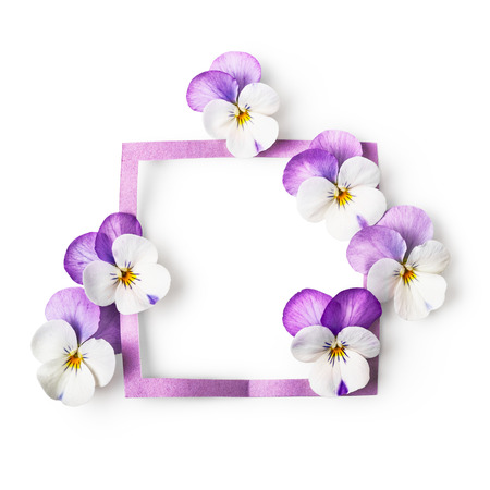 Floral frame. Composition of pansy or viola tricolor flowers and paper isolated on white background clipping path included. Greeting card and design element. Top view, flat layの写真素材