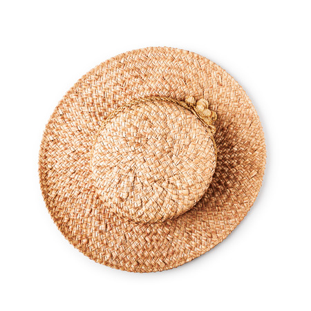Straw hat with flower isolated on white background, single object with clipping path. Summer fashion woman. Flat lay, top viewの写真素材