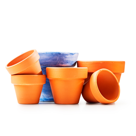 Empty clay flower pots isolated on white background. Objects group with clipping path. Design elementの写真素材